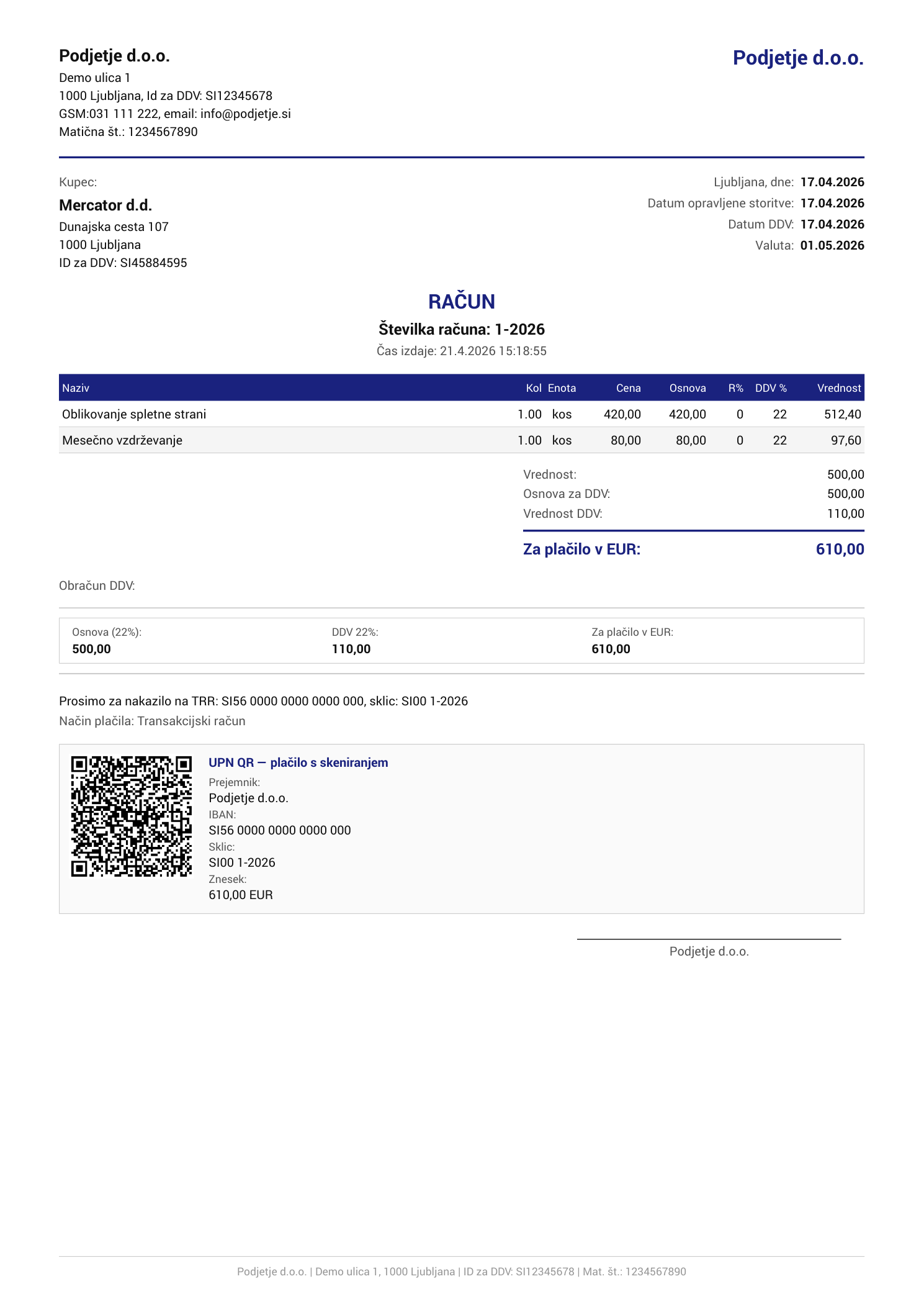 Primer računa generiranega v eFascikel — PDF z UPN QR kodo